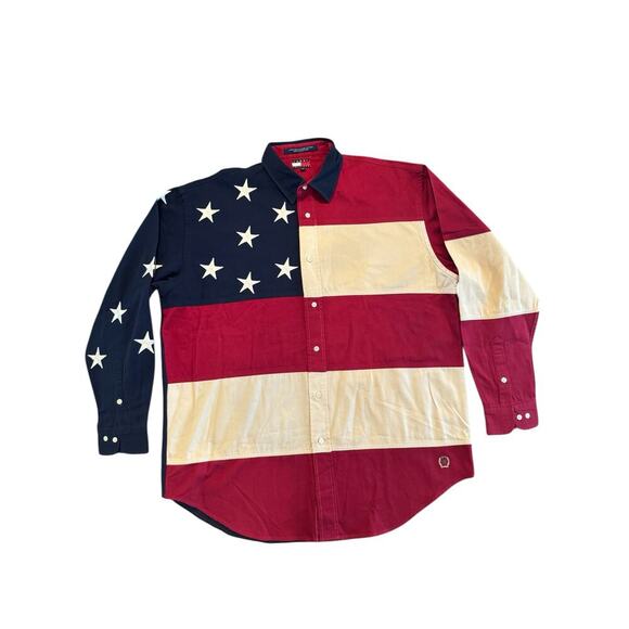 Tommy Hilfiger Flag Shirt Mens L USA Patriotic Button Down Stars Stripes Vintage - Picture 2 of 6
